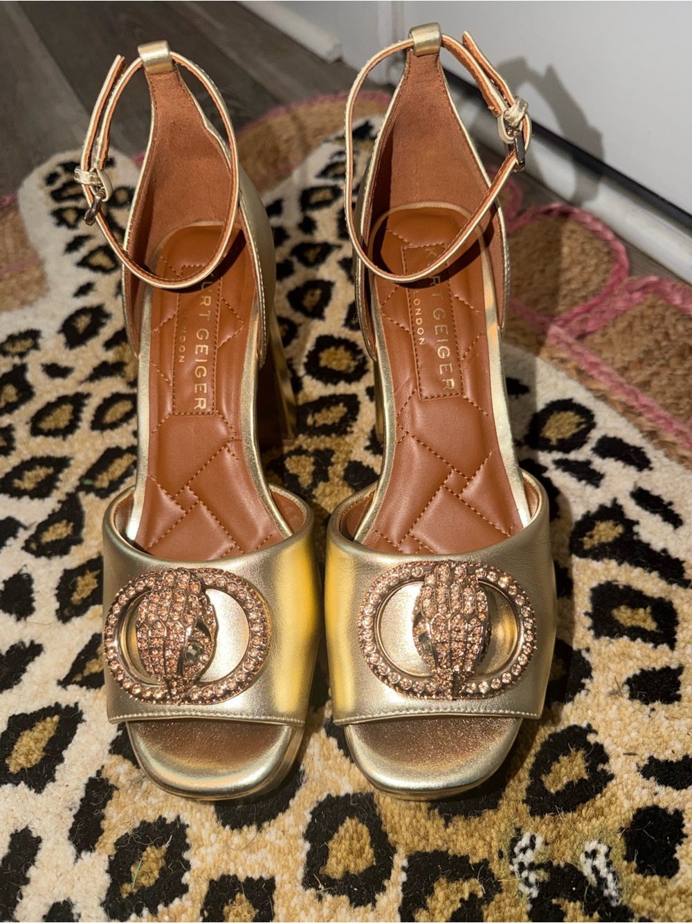 Kurt Geiger Metallic Gold Platform Heels with Crystal Buckle